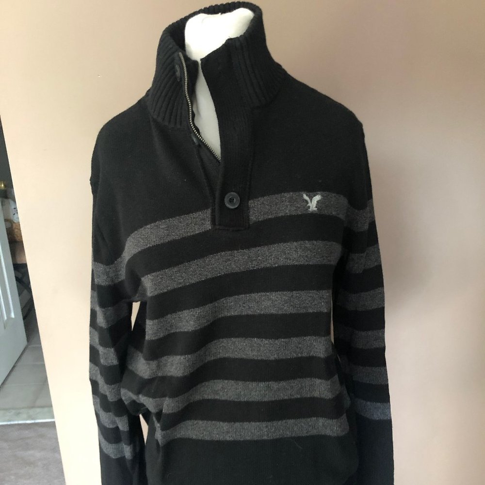 Men's Black and Gray Striped Sweater